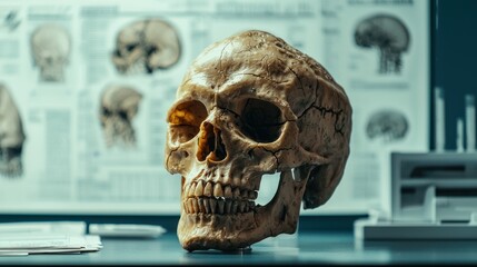 A close-up of a detailed Homo sapiens skull model in a laboratory, with evolutionary charts in the background