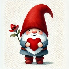 Gnome in a red hat holds a red heart, a card for Valentine's Day