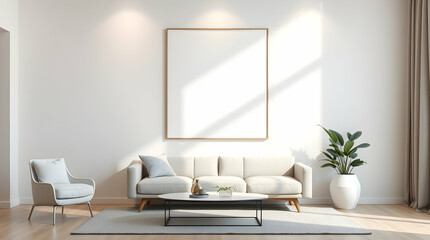 Frame mockup. Living room wall poster mockup on plain white. Interior mockup background. Modern interior design. 3D realistic rendering