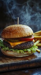 Hamburger with french fries on a wooden table, selective focus