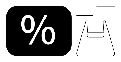 Percentage sign on black square represents discount. Minimalist shopping bag outline on the right enhances retail context. Ideal for promotions, sales, e-commerce, online shopping, marketing