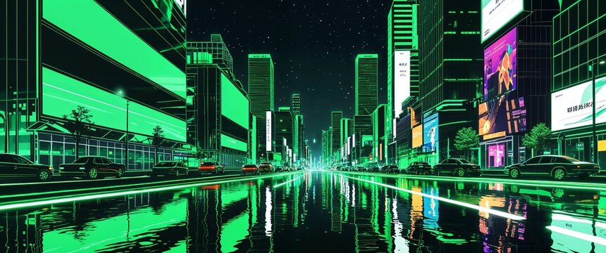 Glowing green city streets with chrome surfaces and vivid digital billboards reflecting dark night sky illustration background design