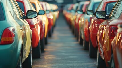 Obraz premium A row of identical cars parked in a dealership lot, representing a homogeneous product lineup