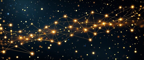 Obraz premium Golden network lines glowing in dark space with scattered light points illustration background design