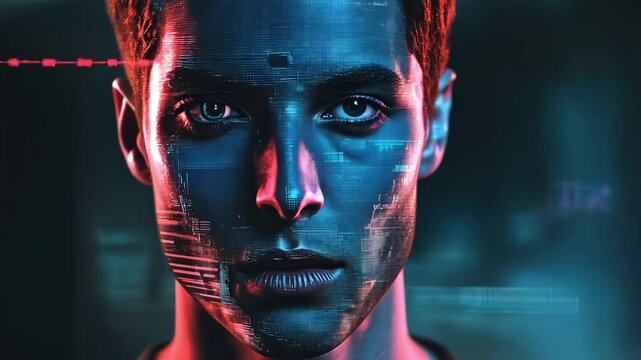 Digital man portrait with cyber glitch lines 