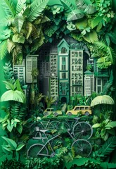 Lush Green Urban Diorama with Playful Paper Elements of Nature and City Life