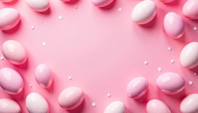 Pink eggshell texture backdrop, scattered white speckled eggs, repeating design, fabric, artistic