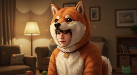 Dressed up in a Dog Canine Animal Costume, Furry Mammal Suit, Halloween Apparel XL Format Illustration