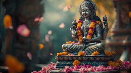 Traditional Saraswati Statue Adorned with Marigolds for Festive Indian Decor