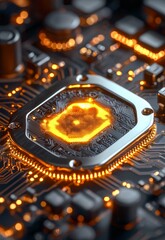 Close-up of Computer Circuit with Illuminated AI Chip and Layered Components
