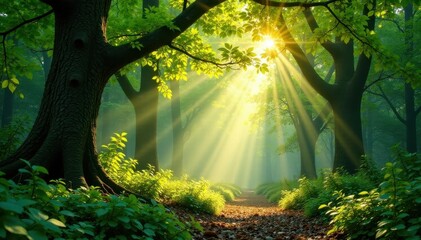 Golden sunlight streams through emerald canopy, illuminating dappled forest floor, sun, natural