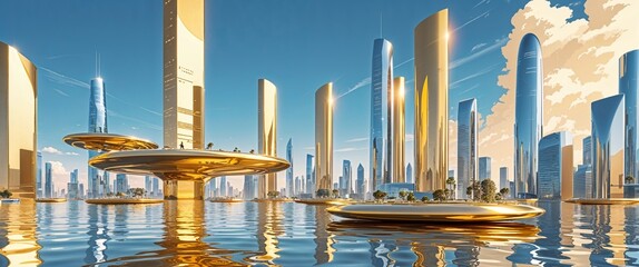 Hightech city with golden floating platforms and smooth chrome skyscrapers soft blue sky illustration background design