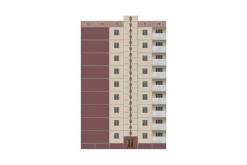 Prefabricated nine-storey panel apartment building lined with beige tiles is isolated. The house has balconies.
