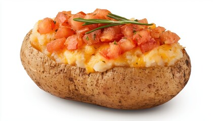 Gourmet baked potatoes stuffed with cheddar, diced tomatoes, and fresh rosemary, representing wholesome and flavorful cuisine