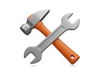 A 3D rendered illustration of a gray hammer and a wrench crossed over each other