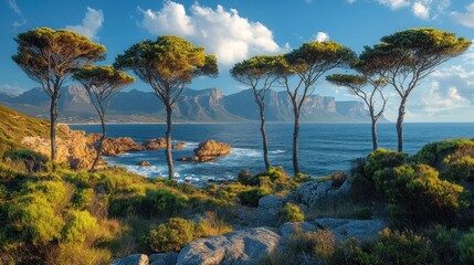 Obraz premium Coastal View with Trees, Rocks and Mountains in the Distance under a Clear Blue Sky