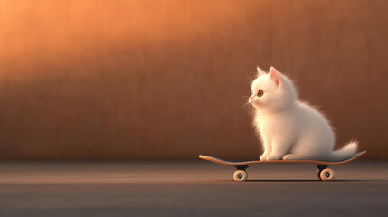 Obraz premium fluffy white cat sits poised on skateboard, showcasing its playful nature and curiosity. warm background adds cozy atmosphere to this charming scene