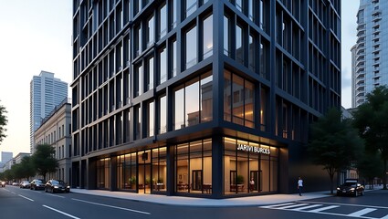 Modern architecture building with glass facade in urban setting scene