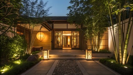 Fototapeta premium Serene Asian Zen Garden Entrance at Night