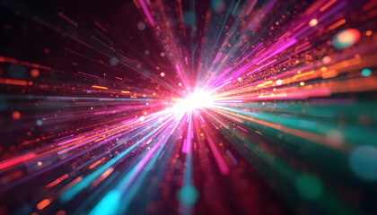 Obraz premium Vivid abstract light streaks with colorful bokeh against a dark background. Digital art, modern design, and futuristic aesthetics. Glows with iridescent sparkles and festive light leak effects