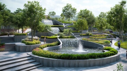  Modern residential complex with cascading terraces, each level adorned with shrubs and trees, overlooking pedestrian-friendly plaza with solar-powered fountains and eco-conscious design.