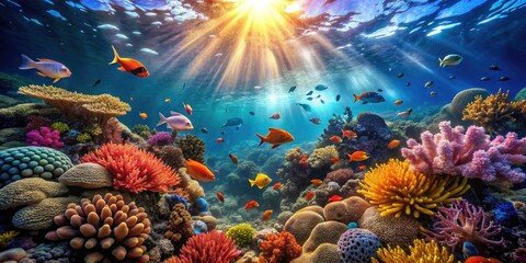 Obraz premium Underwater reef diving: photograph the vibrant architecture of coral and its dazzling tropical fish inhabitants.