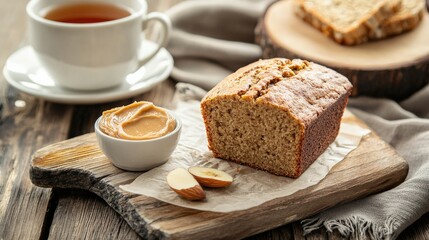 Delicious homemade banana bread with peanut butter cozy kitchen food photography natural light warm atmosphere comfort food
