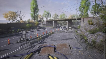 Construction activity is underway on a road near a bridge, featuring heavy machinery, barriers, and orange traffic cones. Trees and a gray sky frame the busy worksite.