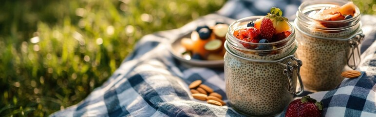Delicious chia seed pudding with fresh fruits outdoor picnic food photography green grass natural light healthy eating