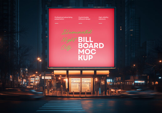 Nighttime City Billboard Mockup &ndash; Illuminated Urban Poster Display for Outdoor Advertising, Event Branding, or Marketing Campaigns