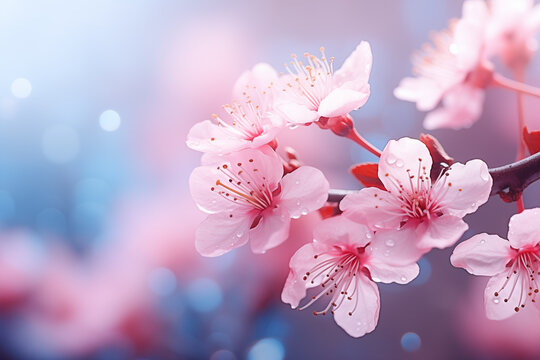 Blooming pink flowers of sakura cherry blossom season in springtime close up.  Nature background - Powered by Adobe