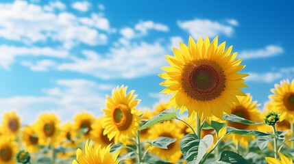 Fototapeta premium Sunflower field with cloudy blue sky. Sunflower landscape