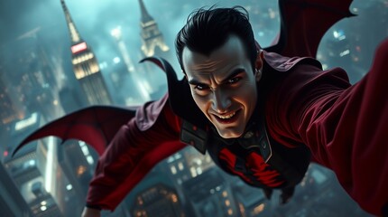 A vampire is flying and taking a selfie over a big city