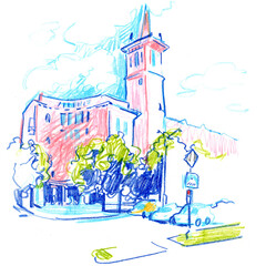 Painted colored pencils landscape with a building in the foreground. Freehand drawing sketch