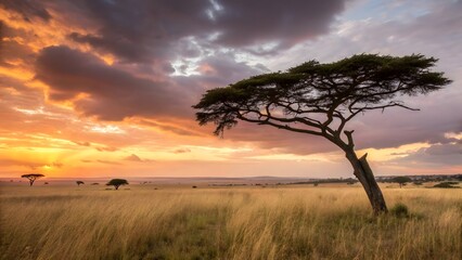 Obraz premium African Savanna Sunset Dramatic Sky Acacia Tree Grassland