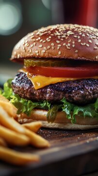 Cheese burger - American cheese burger with fresh salad and french fries