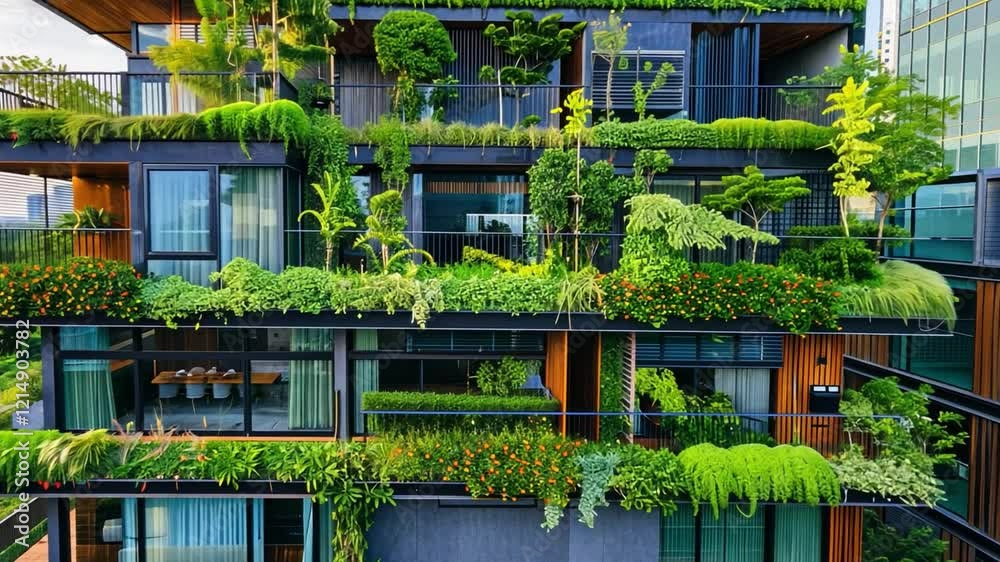 Poster this striking architectural design features multiple floors adorned with lush greenery, demonstratin