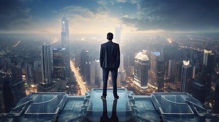Obraz na płótnie Canvas Businessman standing on top of skyscraper and looking at the city
