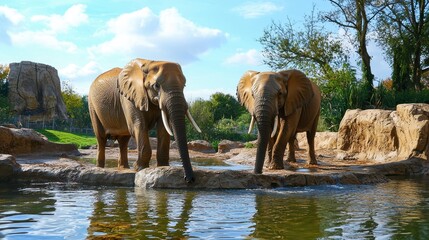 Fototapeta premium Two elephants stand near a tranquil water body, surrounded by lush greenery and rocky formations under a bright blue sky.