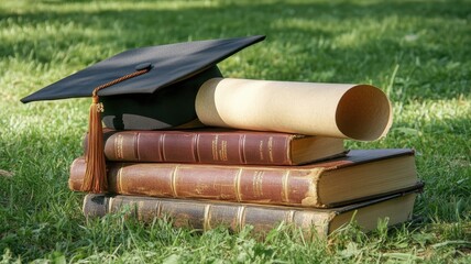 Graduation cap resting on books amid grass, symbolizing scholarly achievement, learning milestone, educational journey completion