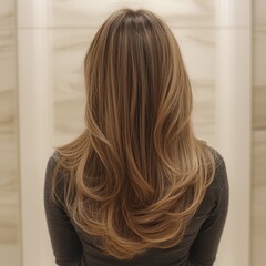 A woman with long, flowing hair is seen from the back, showcasing a beautiful style with subtle highlights against a soft background.