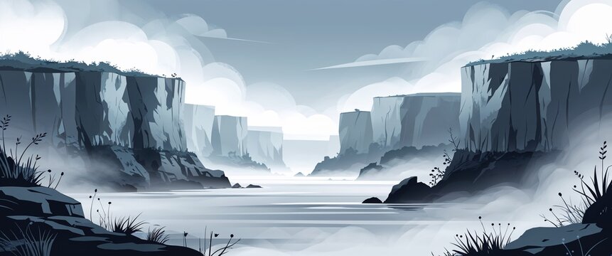 Soft gray cliffs with light fog rolling in illustration background design