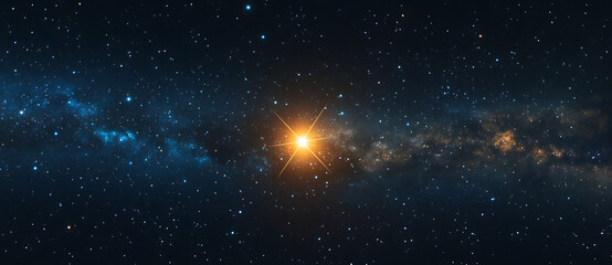 Obraz premium A starry night sky with the bright, shining North Star in the center, against a background of blue and white stars, in high resolution. 