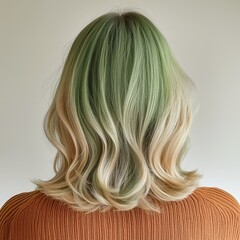 Fototapeta premium A stylish hairstyle featuring wavy, shoulder-length hair with a unique green and blonde ombre effect, viewed from the back.