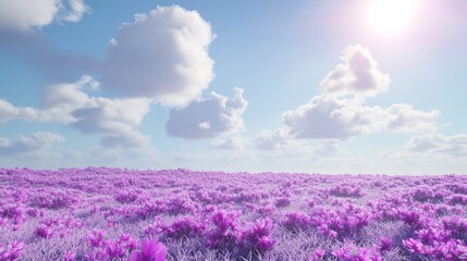 Obraz premium Enchanting Meadow of Radiant Purple Flowers Bathed in Sunlight Beneath Fluffy Clouds - Ultra-Detailed Cinematic Image