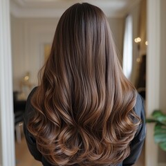 A close-up view of long, wavy hair styled beautifully, showcasing glossy, healthy strands in a cozy indoor setting.