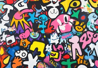 A colorful collage of graffiti and drawings with a variety of shapes and sizes