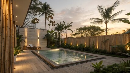 Fototapeta premium Luxury Tropical Backyard Pool Sunset Bamboo Fence Modern Design