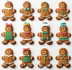 A row of gingerbread men with various outfits and accessories