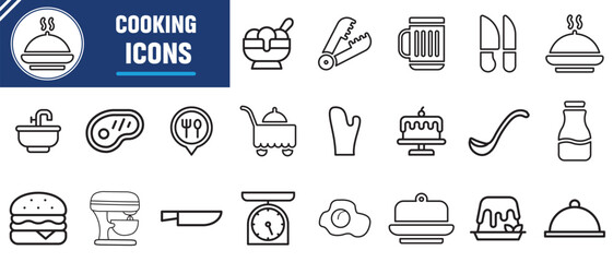 Cooking and kitchen line icon collection. Boiling time, Frying pan and Kitchen utensils. Fork, spoon and knife line icons. Recipe book, chef hat and cutting board. Vector illustration.